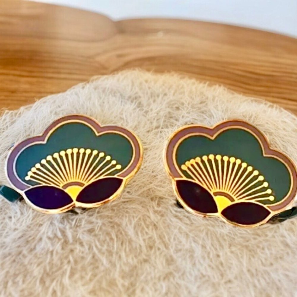 Laurel Burch Clip-On Enamel Earrings Plum Blossom Signed Vintage - Picture 5 of 12